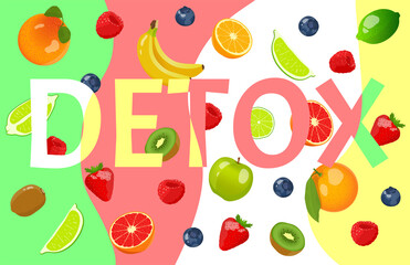 Detox. Flyer with fruits and berries. Fresh fruits, Natural food, Detox, Healthy eating, Vegan concept. Vector illustration for poster, banner, flyer, menu, cover, advertising.