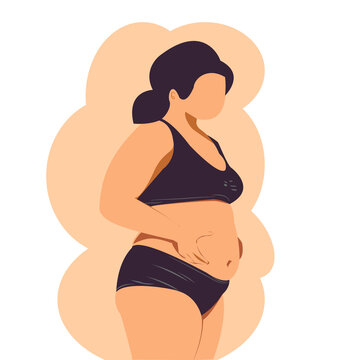 Cartoon overweight girl  standing in side view ,pinch stomach,wearing black sportswear. Pregnant woman touching her belly, Cute Young female expecting a baby, vector isolated flat on brown background.
