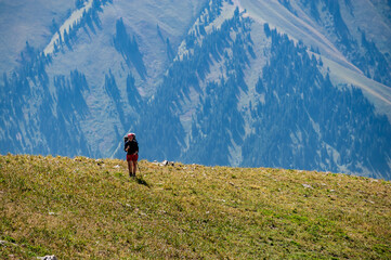 Obraz premium Female Hiker. Young woman alone trekking and backpacking in high mountains near Sary Chelek lake, Sary-Chelek Jalal Abad region, Kyrgyzstan, Trekking in Central Asia.