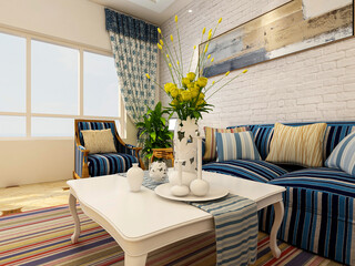 There are cloth sofa and table in the clean living room