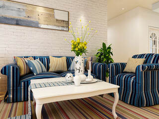 There are cloth sofa and table in the clean living room