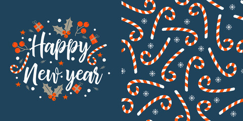 New year greeting card, vector illustration. Set of festive Christmas decorations.