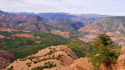 Fototapeta na wymiar Panorama view of the foothills of Altas Mountains covered with coniferous forests from the peak rock formation cathedrale imsfrane near Tilouguite, Morocco.