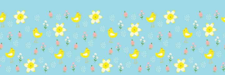 Blue vector illustration. Bright daffodils, flowers, and chicken horizontal seamless pattern border background.
