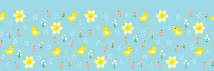 Blue vector illustration. Bright daffodils, flowers, and chicken horizontal seamless pattern border background.
