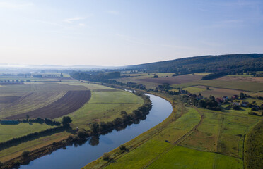 Fototapeta na wymiar Drone panorama over river Weser and landscape in Germany