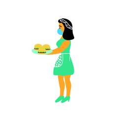 A girl in a medical mask with a tray of burgers in her hands. Prevention of coronavirus, follow the safety rules. Modern flat design style.