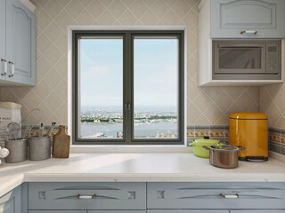Spacious and beautiful kitchen, there are kitchenware, stove, refrigerator and other equipment