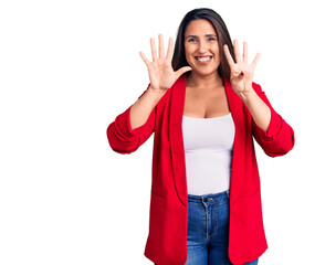 Obraz premium Young beautiful brunette woman wearing elegant clothes showing and pointing up with fingers number nine while smiling confident and happy.