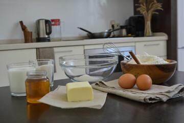  Process of cooking bakery. Baking ingredients for pear pie. Woman preparation pie