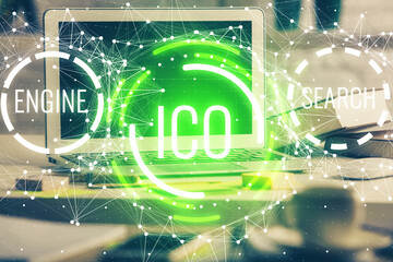 Multi exposure of blockchain and crypto economy theme hologram and table with computer background....
