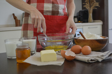 Process of cooking bakery. Baking ingredients for pear pie. Woman preparation pie. 