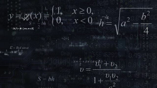 Mathematical and physical formulas on a digital blue background of a circuit board and fast-changing numbers. Science concept animation.
