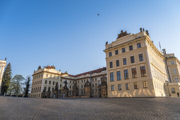 Fototapeta na wymiar Prague castle Located in the Hradcany district is the official residence and office of the President of the Czech Republic, Hradcanske square. Lockdown trime due to pandemic. There is nobody.