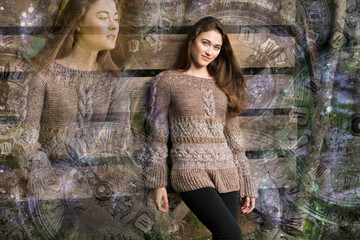 Woman, her soul on the background of the cosmic universe
