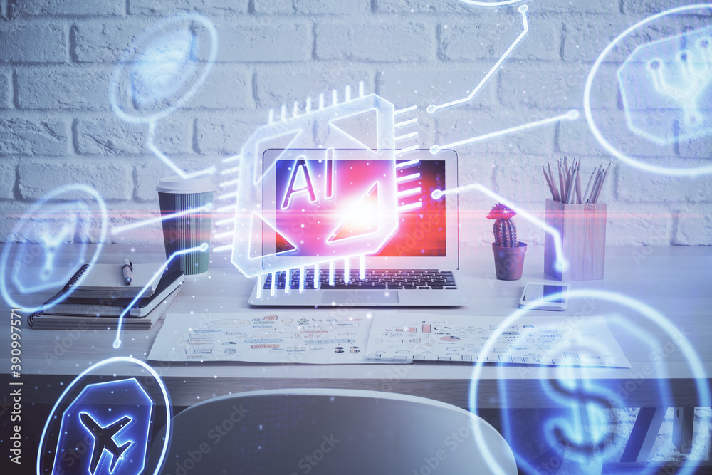 Wall mural double exposure of desktop computer and technology theme hologram. concept of software development.