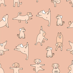 Seamless pattern. pets yoga. Dog yoga - cute puppies doing exercises and standing in asana. Vector on a Pink decorative background. For design, packaging, textiles and wallpaper