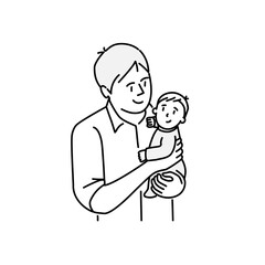Happy father holding baby in his arms. Hand drawn vector illustration.