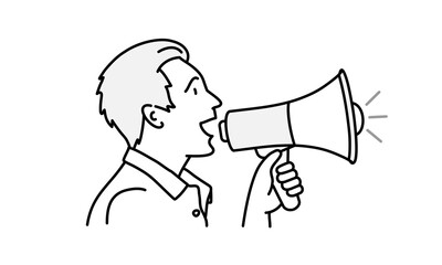 Hand drawn vector illustration of man speaks into a megaphone.