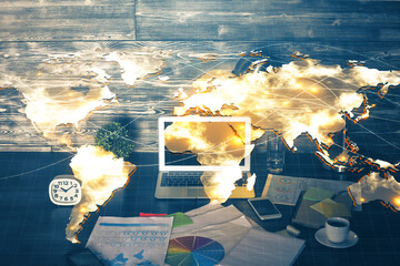 Multi exposure of business theme icons and work space with computer background. Concept of success.