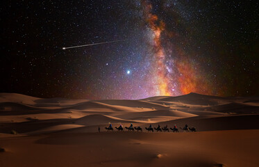 Camel caravan in the desert on a starry night © quickshooting