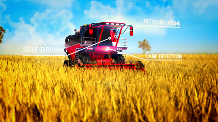 Fototapeta premium Industrial 3D illustration with digital overlays of self driving grain harvester working on the grain field