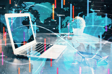 Multi exposure of business theme icons and work space with computer background. Concept of success.