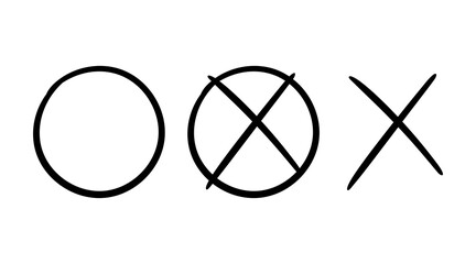 Thin outline cross in a circle hand drawn icons. Vector black sharp checkmarks sign of plan isolated on a white background. Simple diagram marker sketch shape illustration