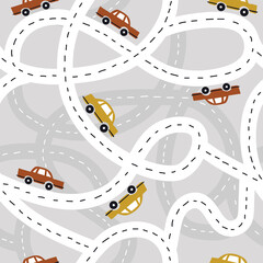 Seamless pattern with cars, roads, hand drawn overlapping backdrop. Colorful background vector. Illustration with automobiles. Decorative wallpaper, good for printing - 391000307