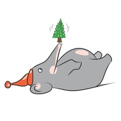 Elephant kids balancing Christmas tree on the floor