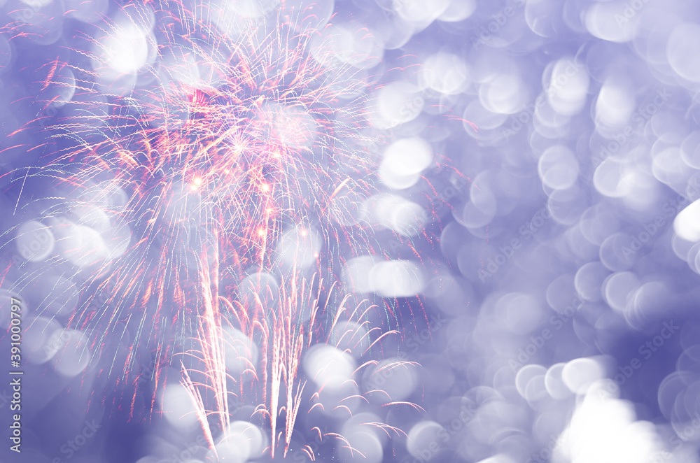 Wall mural colorful of fireworks display on bokeh light in pastel colored for background.