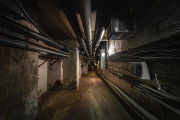Fototapeta na wymiar Old abandoned underground passage point of view