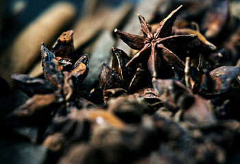 Selective focus on star anise. Star anise and cinnamon soft focus background. Close up.