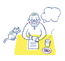 手紙を書いているシニア男性とふきだし