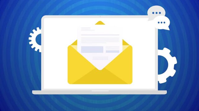 Opening Email message notification. Mail Communication, incoming or sending mail, receiving new e-mail message notification. Laptop with yellow envelope and send button with talk and chat icons