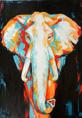 Oil elephant portrait painting in multicolored tones. Conceptual abstract painting of a elephant on the black background on canvas. 