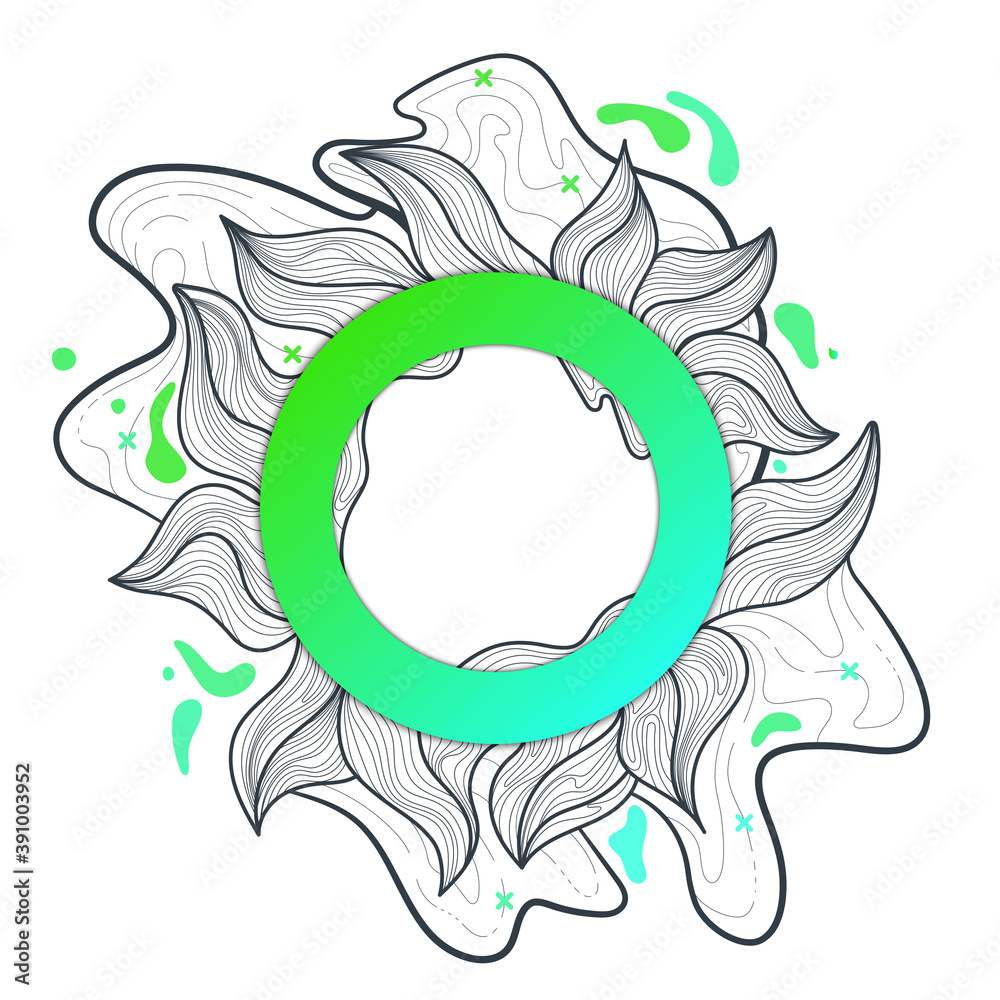 Poster circle colored frame for text with liquid shape from many curved lines and paint particles