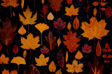 Yellow autumn maple leaves compositions. Autumn concept with red-yellow leaves background. Bright colorful leaves