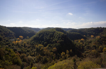 Landscape of mountain of tufa, overlooking the green Treja river valley, in Lazio region.Italy.Photography near Strada Provinciale 17b road.