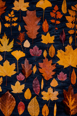 Yellow autumn maple leaves compositions. Autumn concept with red-yellow leaves background. Bright colorful leaves