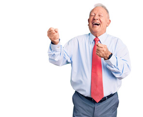 Senior handsome grey-haired man wearing elegant tie and shirt very happy and excited doing winner gesture with arms raised, smiling and screaming for success. celebration concept.