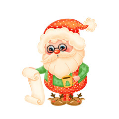 Illustration of cute cartoon Santa Claus reading a letter isolated on white background. Santa Claus is reading a list of gifts. Santa Claus in home clothes with a mug.