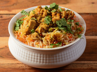 Keema / Kheema Biryani -Basmati rice cooked with minced meat and aromatic spices, selective focus