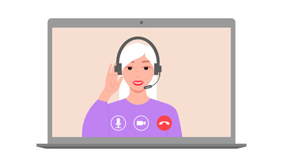 Call center. Smiling female character in headphones with a microphone speaks by video link. Virtual meeting with colleagues. Remote online meeting. Quarantine and social distancing. Vector