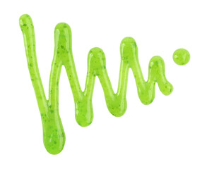 Pistachio jam drizzle isolated on white background. Splashes of green jam. Top view.