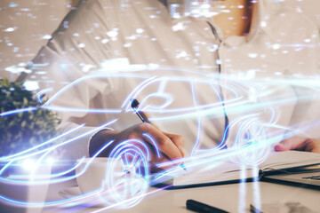 Naklejka premium Human hands background and autonomous self drive pilot vehicle concept. Multi exposure.