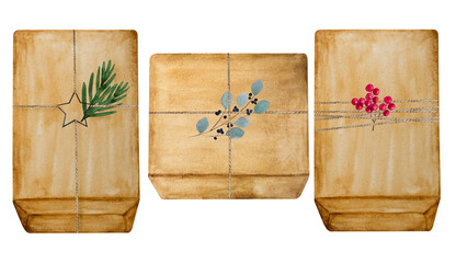 Fototapeta premium Beautiful drawing of boxes with gifts. Close-up, no people. Watercolor paint. View from above. Congratulations for family, relatives, friends and colleagues