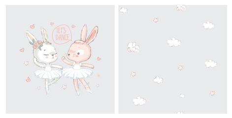 3 Sweet ballerina bunnys illustration vector. White dancing rabbits illuatration. Can be used for t-shirt print, kids wear fashion design, baby shower invitation card © FoxyImage