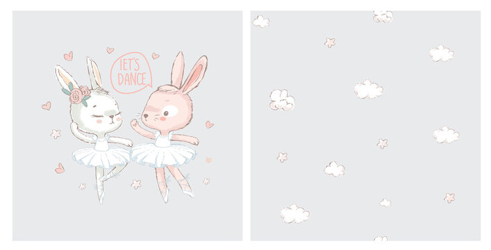3 Sweet ballerina bunnys illustration vector. White dancing rabbits  illuatration. Can be used for t-shirt print, kids wear fashion design, baby  shower invitation card Stock Vector | Adobe Stock