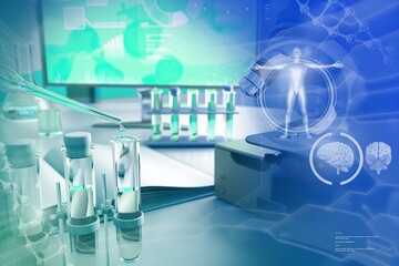chemical research background - test tubes and microscope in facility - colorful conceptual medical 3D illustration